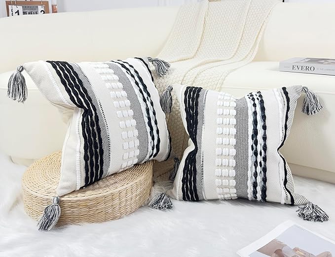 Boho Throw Pillow Covers 16x16 Aesthetic Neutral Boucle Couch Pillow Cover Rainbow Striped Decorative Accent Pillow Case for Couch Bed Sofa Farmhouse,Modern Funky,Set of 2 Black and White