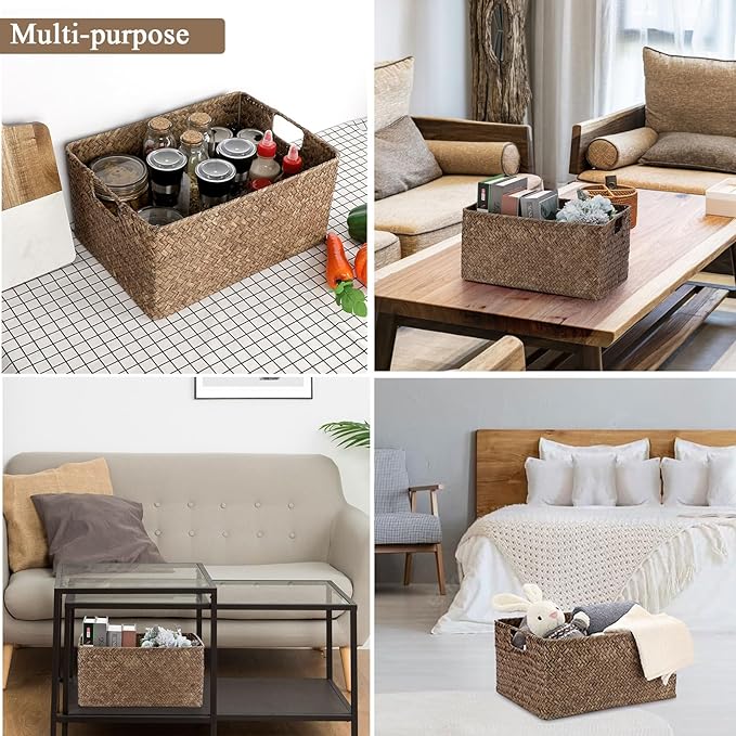 Hipiwe Seagrass Storage Opened Baskets Bin for Shelf Organizing Handwoven Wicker Baskets Rectangular Decorative Basket Closet Bedroom Organizer Bin Box Multipurpose Storage Basket with Handle