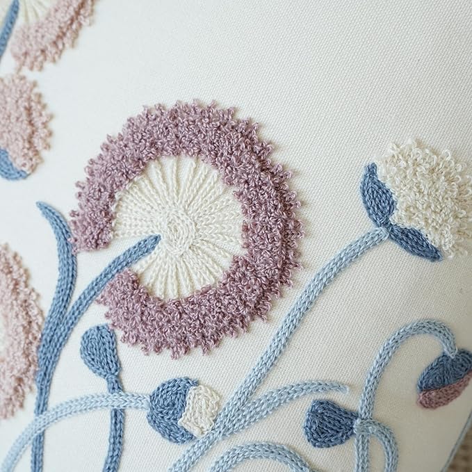 vctops Floral Embroidered Pillow Covers 18x18 Inch Spring Summer Cotton Tufted Throw Pillow Cover Outdoor Garden Cushion Case for Sofa, Bed, Living Room (Flower C,18"x18")