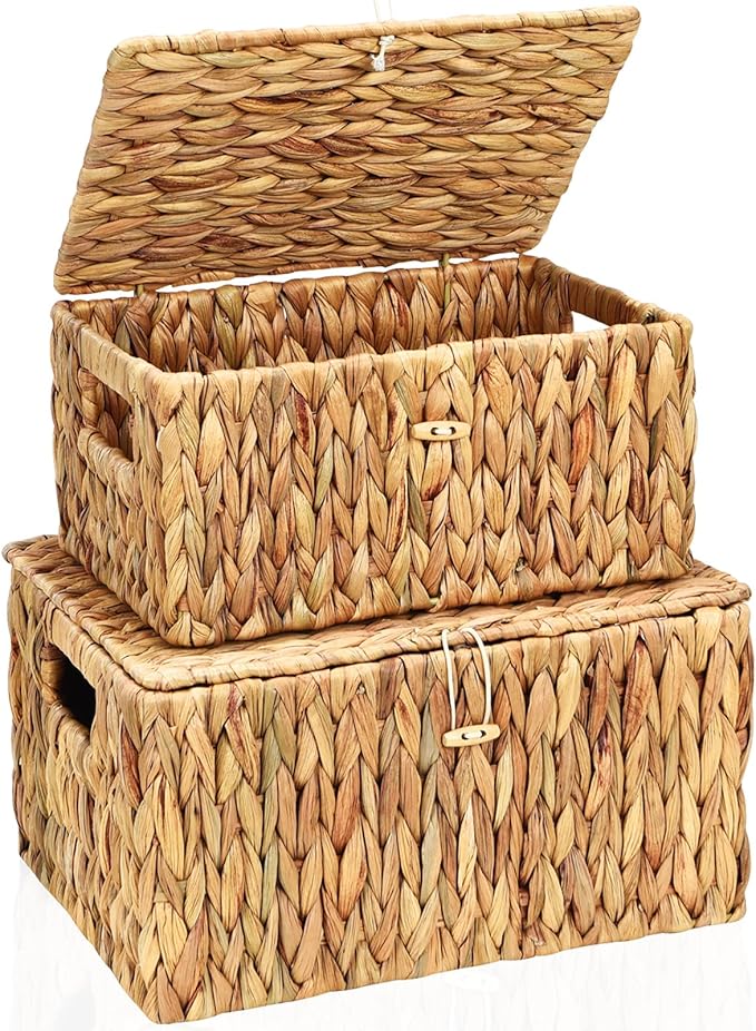 FairyHaus Wicker Storage Baskets with Lids, Set of 2, Natural Water Hyacinth, Rectangular, Large 13"x10"x7" & Small 11.2"x8.3"x5.7"