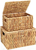 FairyHaus Wicker Storage Baskets with Lids, Set of 2, Natural Water Hyacinth, Rectangular, Large 13"x10"x7" & Small 11.2"x8.3"x5.7"