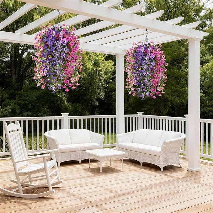 INQCMY Artificial Fake Hanging Plants Flowers Basket for Spring Outdoor Outside Decoration,UV Resistant Faux Silk Flower in Planter for Home Patio Porch Balcony Garden Yard Decor(Mixed Color)