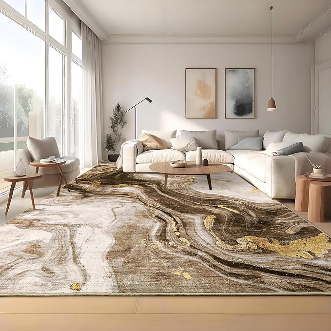 GarveeHome Large Area Rugs 10x13 Modern Abstract Rug with Marble Swirl Pattern, Neutral Abstract Rugs for Farmhouse, Stain-Resistant Low Pile Floor Cover for Bedroom Living Room Office, Brown
