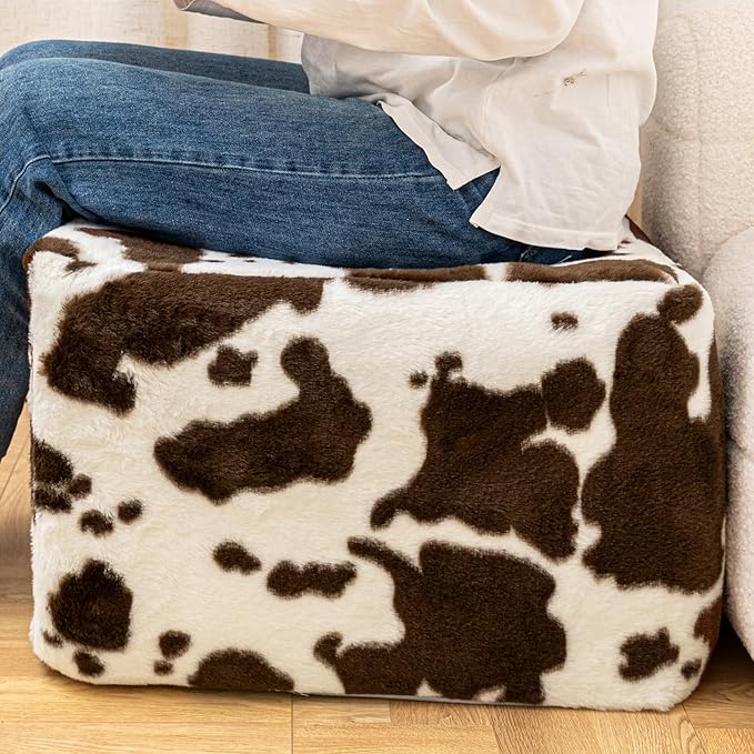 20x20x14 Inches Fluffy Square Pouf Ottoman - Plush Furry Boneless Ottoman Foot Rest Stool with High-Density Foam, Versatile Floor Seating for Living Room (Coffee Cow Print)