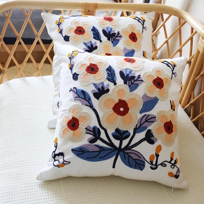 Floral Pillow Cover Boho Embroidered Pillow Covers for Couch Sofa Yellow Flowers Bohemian Pillow Covers Cotton Linen Botanical Plant Leaves Pillowcase Covers 2PCS 18x18 Inch