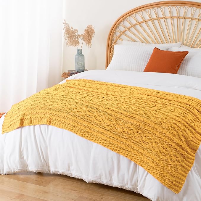 Battilo Mustard Yellow Throw Blanket 51"x67" Chenille Knitted Throw Blanket for Couch, Gold Throw Blankets for Home Decor, Summer Fall Decor Blanket
