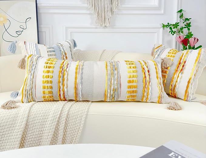 Chenille and Cotton Long Pillow for Bed, Striped Textured Boho Lumbar Throw Pillow Cover 12x36, Neutral Accent Decorative Extra Long Body Pillow Case for Couch, Sofa, Bedroom, Yellow-Grey