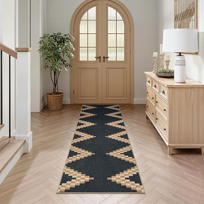 LIVEBOX Easy Jute Runner Rug for Entryway, 2x6 Runners Rug Kitchen Rugs Non Slip, Washable Black and Tan Boho Indoor Runner Rugs for Laundry Room Bedroom, Carpet Runners for Hallway 6ft