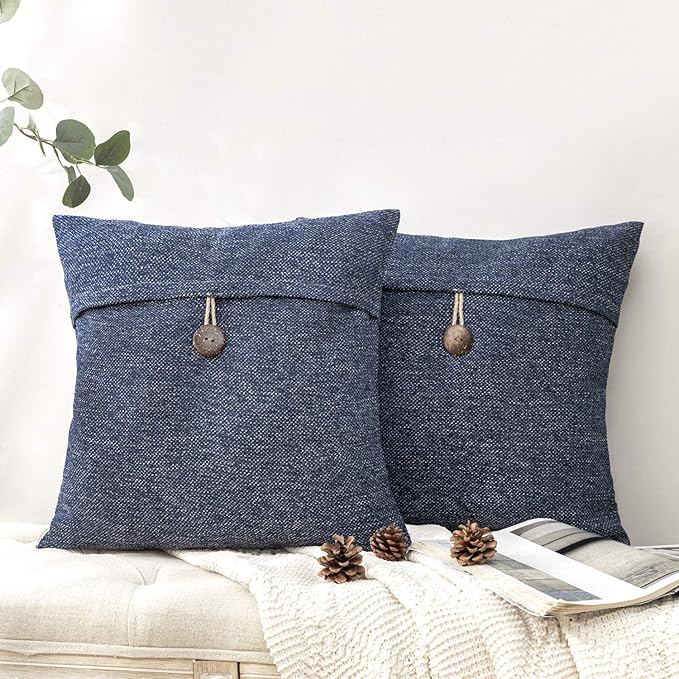 Phantoscope Pack of 2 Farmhouse Geometric-Pattern Button Vintage Linen Decorative Pillow Cover for Couch Bed and Chair Denim Blue 18 x 18 inches 45 x 45 cm