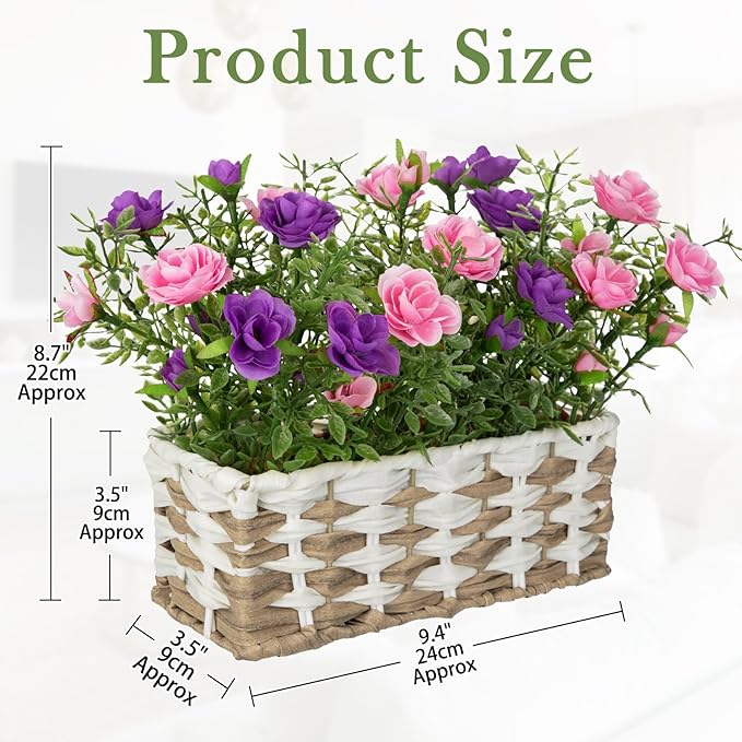 Artificial Rose Flowers with Woven Basket, Faux Blooming Roses in Fake Rattan Planter for Table Centerpiece, Romantic Floral Arrangement for Home Kitchen Entryway Spring Party Decor, Pink & Purple