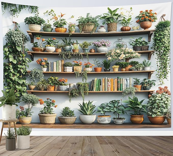 EOBTAIN Green Plant Tapestry Cactus and Floral Potting on Bookshelf Tapestries Hanging Botanical and Reading Tapestry Wall Hanging Decor for Bedroom Living Room 80x60 Inch
