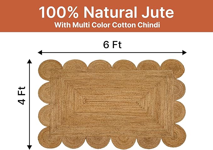 MDS 1 PC Handwoven Braided Jute Area Rug 4ft x 6ft Rectangle Scalloped Edge, 100% Natural Jute Rustic Farmhouse Reversible Accent Rug for Bedroom Living Room Hallway Entryway Office Kitchen (4' x 6')