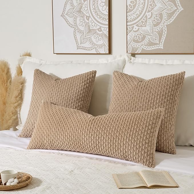 Kevin Textile 20x54 Inch Long Body Lumbar 1 Pack Boho Decorative Throw Pillow Cover Soft Striped Corduroy Rectangle Cushion Case Farmhouse Accent for Living Room Couch Sofa Bed, Tan