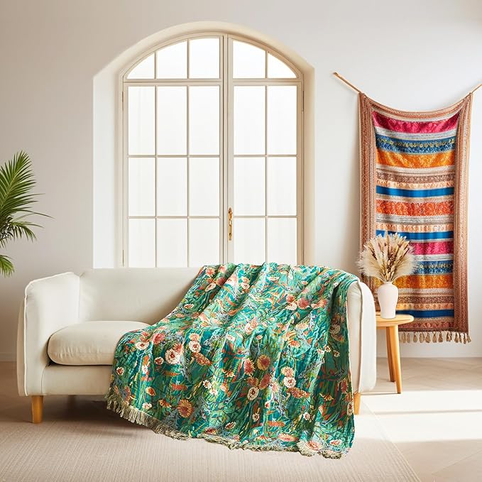 King Size Blanket for Bed Soft Cotton Spring Lightweight Quilt Floral Embroidery King Bed Blanket,90"x108" All Season Reversible Blankets for Bedroom Living Room Decor