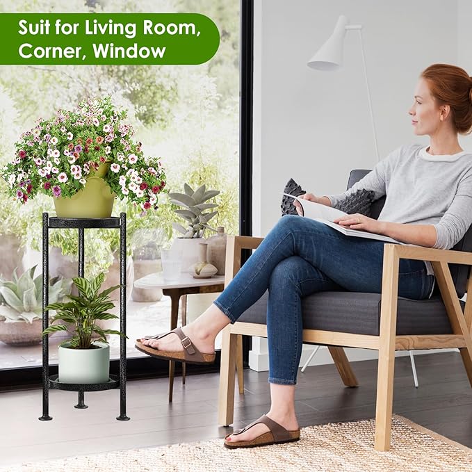 Plant Stand Indoor Outdoor, 2 Tier Iron Plant Stand, 30'' Tall Pedestal Stand Outdoor, Metal Flower Stands for Indoor Plants, Balcony, Living Room (silver gray)