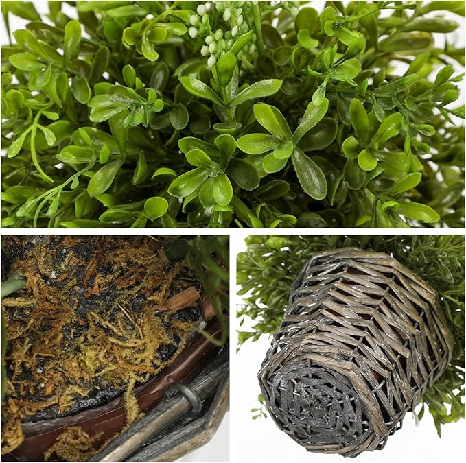 Hollyone Artificial Boxwood Plant in Woven Pot 9” Fake Potted Plants Topiary Boxwood Greenery Arrangement Centerpiece Faux Plants for Home Indoor Outdoor Farmhouse Office Desk Centerpiece Shelf Decor