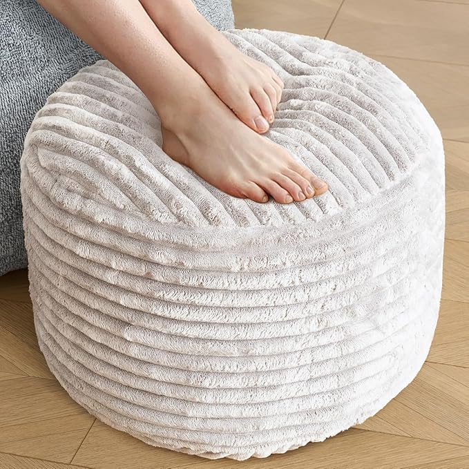 SHOUREN Stuffed Round Pouf Ottoman,Corduroy Foot Rest with Shredded Foam Filling, Lightweight and Fluffy Pouf Storage Ottoman for Living Room,Floor Poufs for Couch,18"x 14", Beige