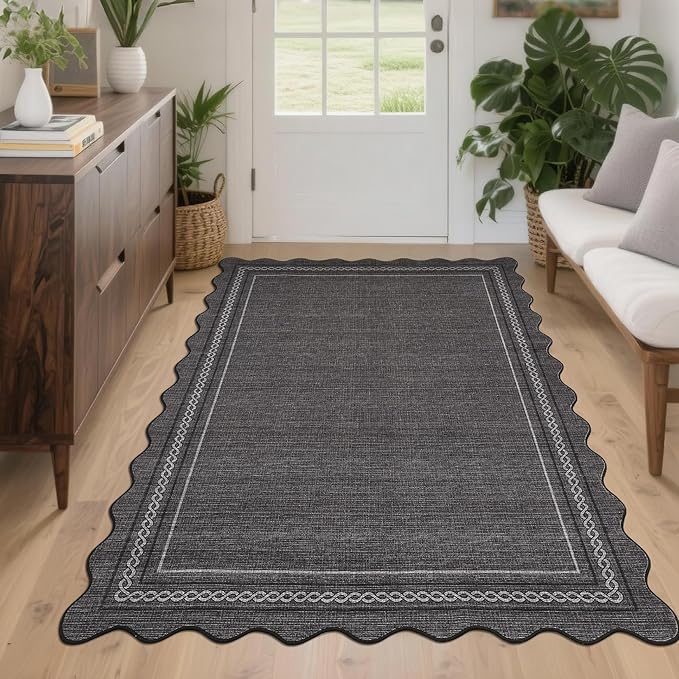 Garvee Scalloped Washable Area Rugs 4x6 Rug for Living Room Boho Non Slip Entry Rug Modern Soft Non Shedding Bedroom Rugs Low Pile Stain Resistant Carpet for Kitchen Office Classroom 4'x6' Dark Grey