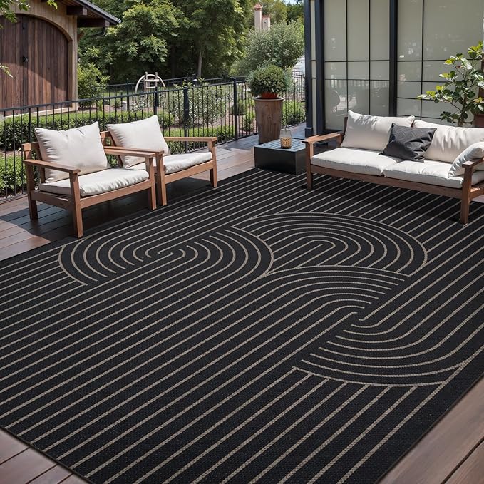 Tangsoo Modern Easy Jute Rug 6x9 Washable Area Rugs for Living Room,Black Non Slip Indoor Outdoor Carpet,Farmhouse Large Throw Mat for Office Bedroom Backyard Dining Room Backyard Office