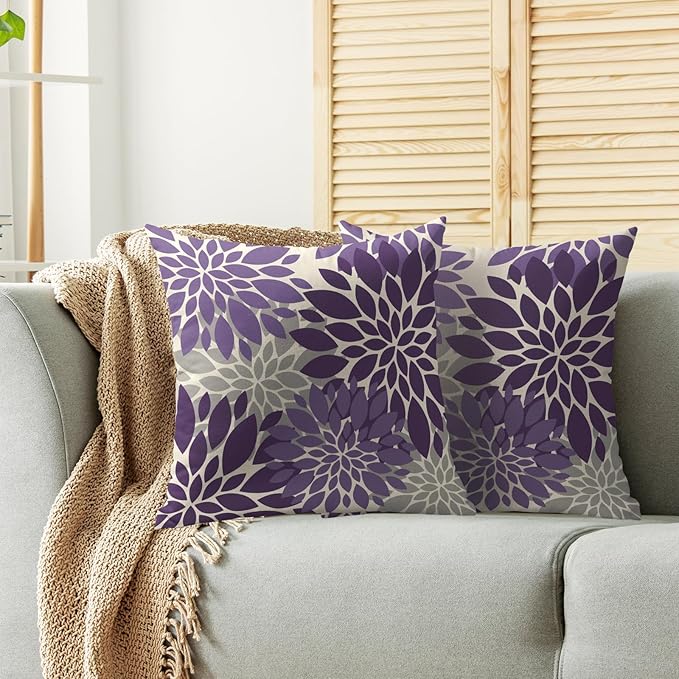 Purple Flower Pillow Covers 18X18 Inch Set of 2, Grey Gray Dahlia Floral Spring Summer Cream Decorative Throw Pillow Covers Outdoor Modern Farmhouse Cushion Case for Home Couch Sofa Bed Decor