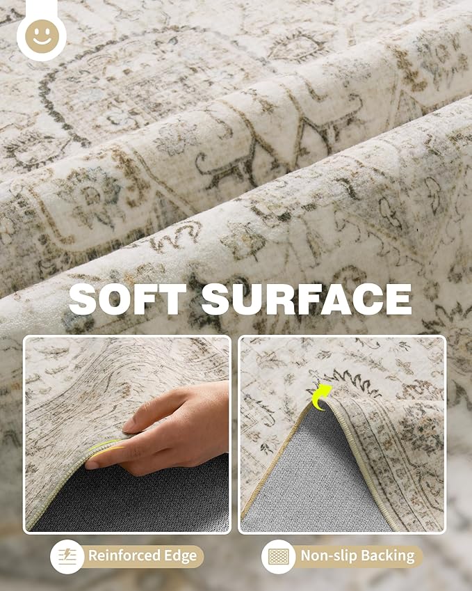 Washable Rugs 9x12, Large Area Rugs 9x12 Living Room with Non-Slip Backing, Super-Soft Floral Vintage Rug, Low Pile Area Rug for Bedroom, Dining Room, Office (Ivory/Beige, 9'x12')