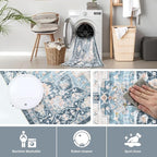 Washable 8×10 Area Rug for Living Room, Vintage Floral Rug Soft Non Slip Stain Resistant Boho Carpet for Indoor Bedroom Dinning Room Home Office Blue/Ivory