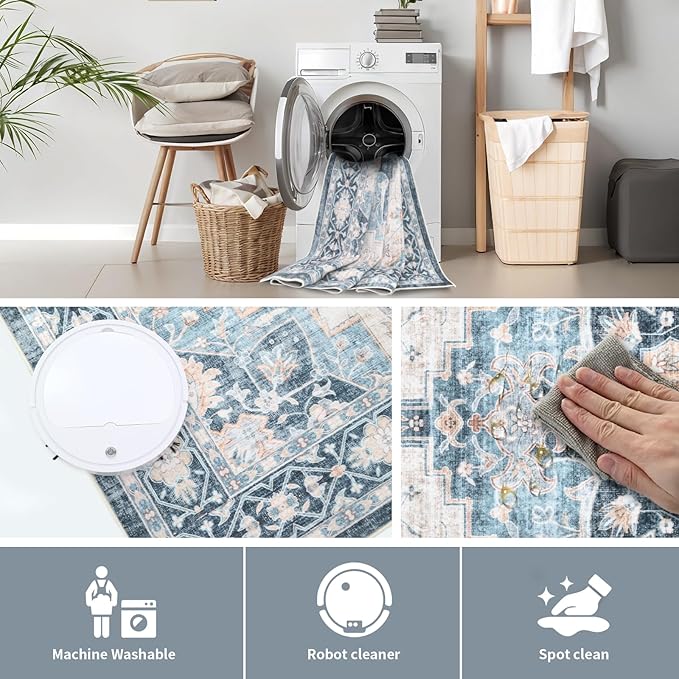 Washable 2×3 Area Rug for Entryway Indoor, Vintage Floral Small Area Rug Soft Non Slip Stain Resistant Boho Carpet for Front Door Dinning Room Kitchen Bedroom Blue/Ivory