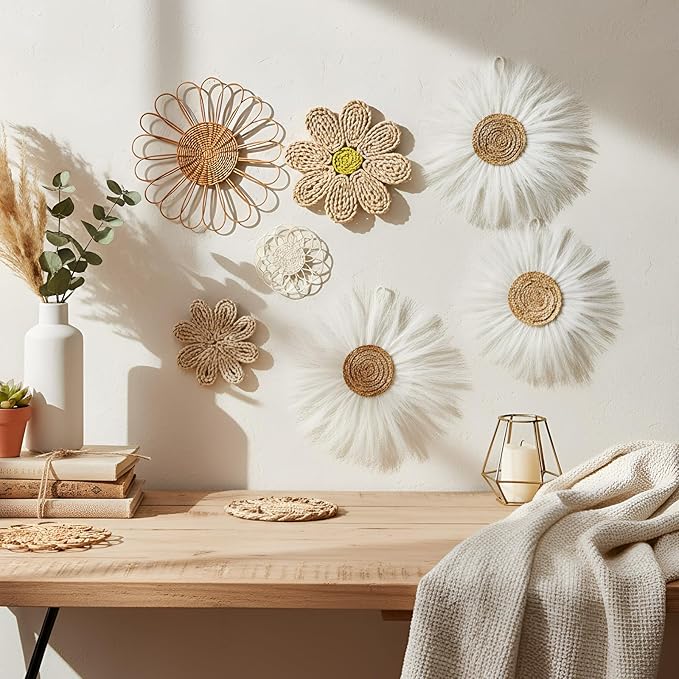 Chunful 7 Pcs Boho Wall Basket Decor Rattan Flower Wall Decor Nursery Daisy Flower Woven Macrame Hanging Flowers for Baby Kids Girls Farmhouse Bedrooms Living Rooms Kitchen Home(Milky White)