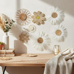 Chunful 7 Pcs Boho Wall Basket Decor Rattan Flower Wall Decor Nursery Daisy Flower Woven Macrame Hanging Flowers for Baby Kids Girls Farmhouse Bedrooms Living Rooms Kitchen Home(Milky White)