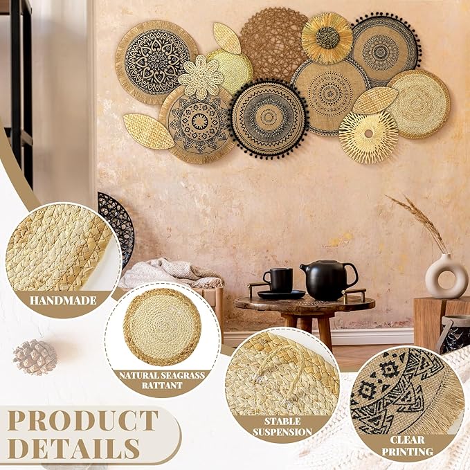 Xuhal 15 Pcs Boho Wall Basket Decor Handcrafted Seagrass Woven Wall Basket Rustic Round Woven Hanging Art for Home Farmhouse Kitchen Table Living Room(Mixed Colors Style)