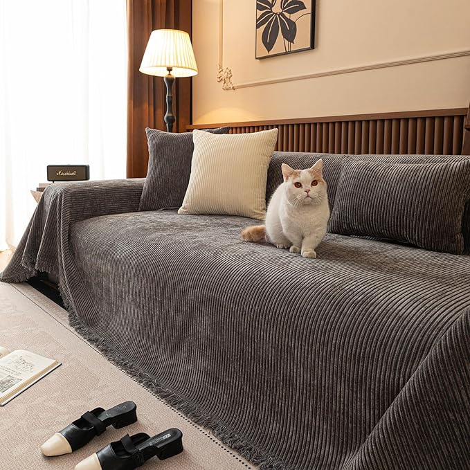 ROOMLIFE Sofa Cover, Boho Couch Cover for 3 Cushion Sofa, Non Slip Chenille Sofa Slipcovers for Dog, Washable Furniture Sofa Protector Cover with Tassel for Living Room, 71''X118”