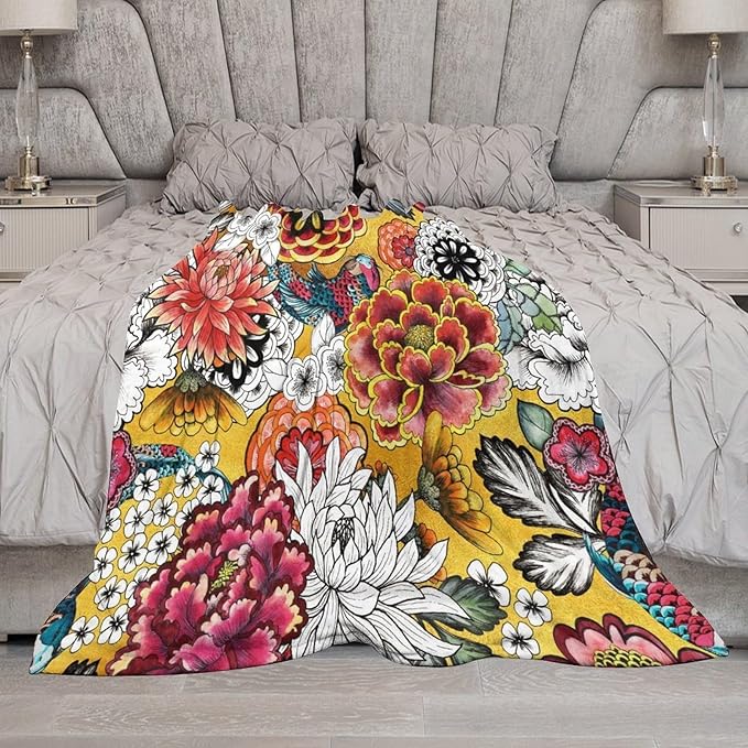 Boho Floral Throw Blanket Bohemian Colorful Flowers Print Mandala Blanket for Sofa Bed Couch Chair Or Dorm 70"x80"