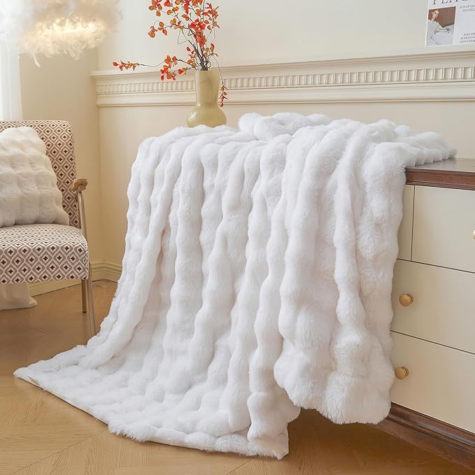 LIFEREVO Luxury Fluffy Faux Rabbit Fur Throw, Plush Fuzzy Bubble Blanket for Couch Sofa, Soft Cute Furry Bed Blanket Home Decoration, Shaggy Lap Throw for Bedroom Living Room Office, 50x60, White