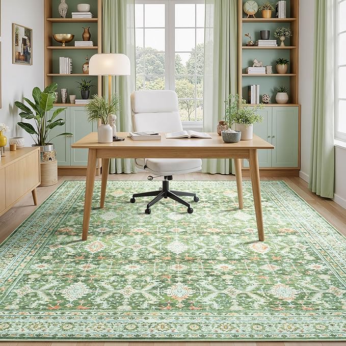 Lessymo 5x7 Washable Area Rug with Non Slip Backing,Soft Boho Indoor Carpets for Living Room Bedroom Nursery, Kid and Pet Friendly, Light Green