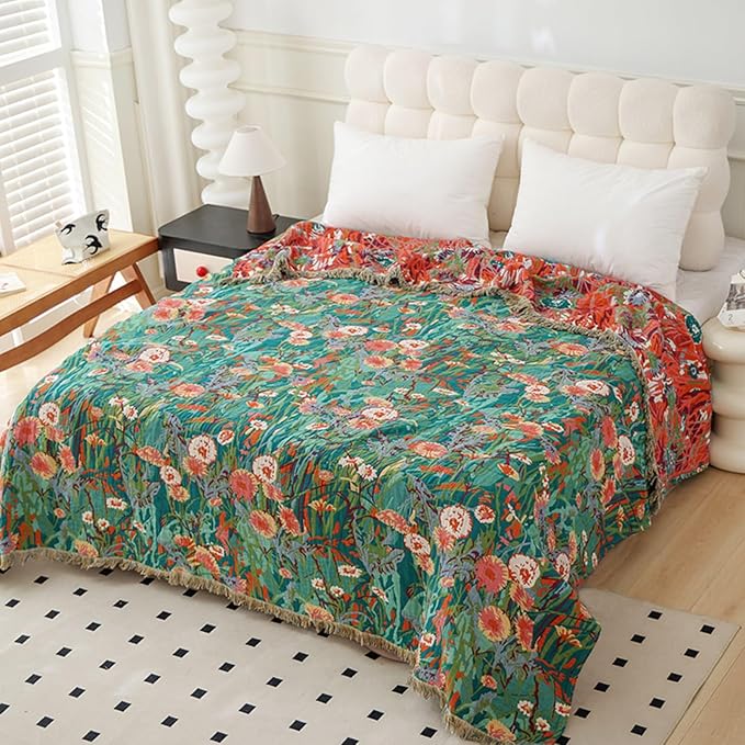 Boho Throw Blanket for Bed 100% Cotton Ultra Soft Rustic Quilt Floral Printed Farmhouse Decor Fall Bed Blankets,80"×90" All Season Rustic Large Throw for Sofa Couch Chair