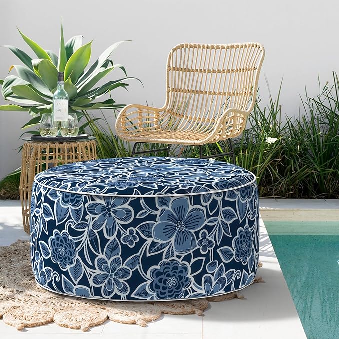 Indoor/Outdoor Inflatable Ottoman, All Weather Ottoman Pouf D31 x H14 inch, Round Foot Rest Ottomans, Portable Footstool for Patio, Garden, Porch, Home,Flower Navy