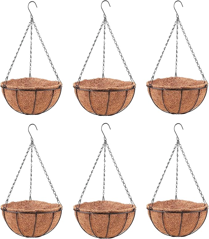 LaLaGreen Hanging Baskets for Plant Outdoor (6 Pack, 16 Inch) Extra Large Hanging Planter with Coco Liner Black Metal Wire Round Flower Pot Holder Hang Deck Porch Garden Balcony Natural Country Decor