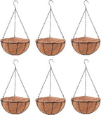 LaLaGreen Hanging Baskets for Plant Outdoor (6 Pack, 16 Inch) Extra Large Hanging Planter with Coco Liner Black Metal Wire Round Flower Pot Holder Hang Deck Porch Garden Balcony Natural Country Decor
