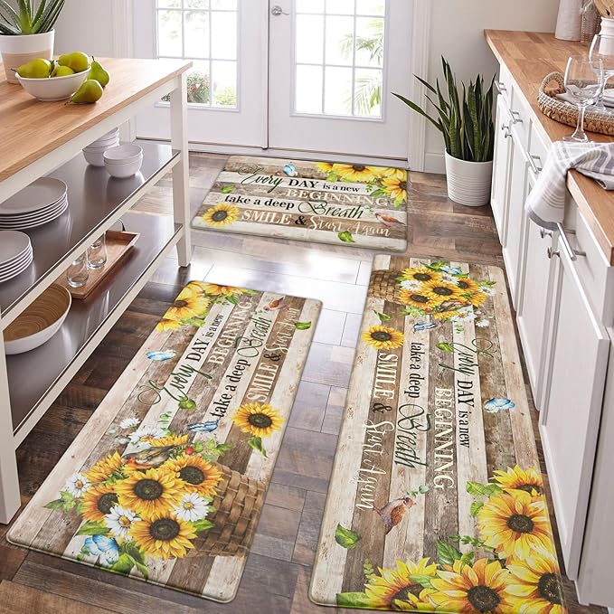 Likiyol Sunflower Kitchen Mats for Floor [3 PCS] Anti Fatigue Mats for Kitchen Floor, Floral Farmhouse Kitchen Rugs Non Slip Washable Comfort Kitchen Decor Mat, 18'' x 30'' + 18'' x 48'' + 18'' x 60''