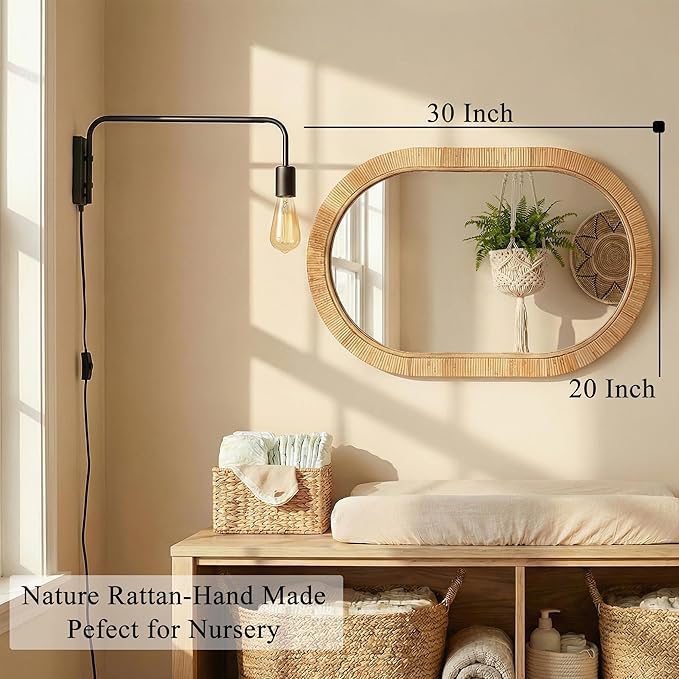 20x30 Oval Rattan Mirror for Wall, Boho Decorative Mirror for Bathroom Vanity, Farmhouse & Natural Home Decor for Bedroom, Living Room