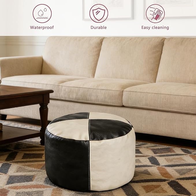 Thgonwid Unstuffed Faux Leather Pouf Cover, Handmade Footstool Ottoman Storage Solution, Floor Footrest Cushion - 16.5”Dx12”H, Black & White