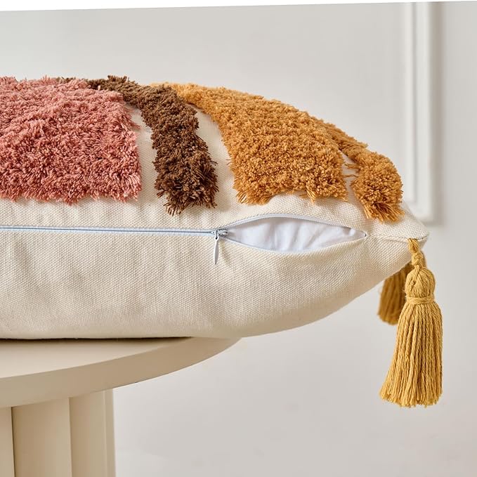 Zealax Boho Decorative Lumbar Pillow Cover 12x20 Inch Rustic Rainbow Tufted Throw Pillow Case with Tassels Colorful Kids Cushion Cover for Couch Bed Living Room Bohemian Home Decor(Only Cover, 1PC)