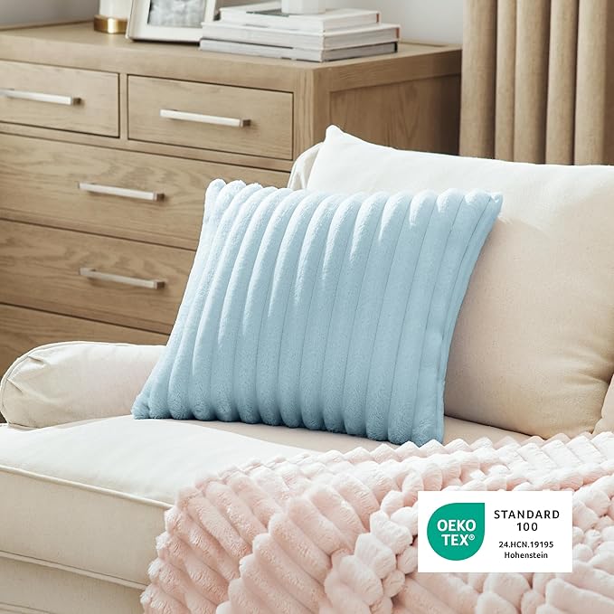 Bedsure Double-Side Striped Throw Pillow Covers 18x18 Set of 2, Spring Fluffy Light Blue Soft Decorative Pillow Covers, Home Decor for Couch Sofa Living Room Bedroom