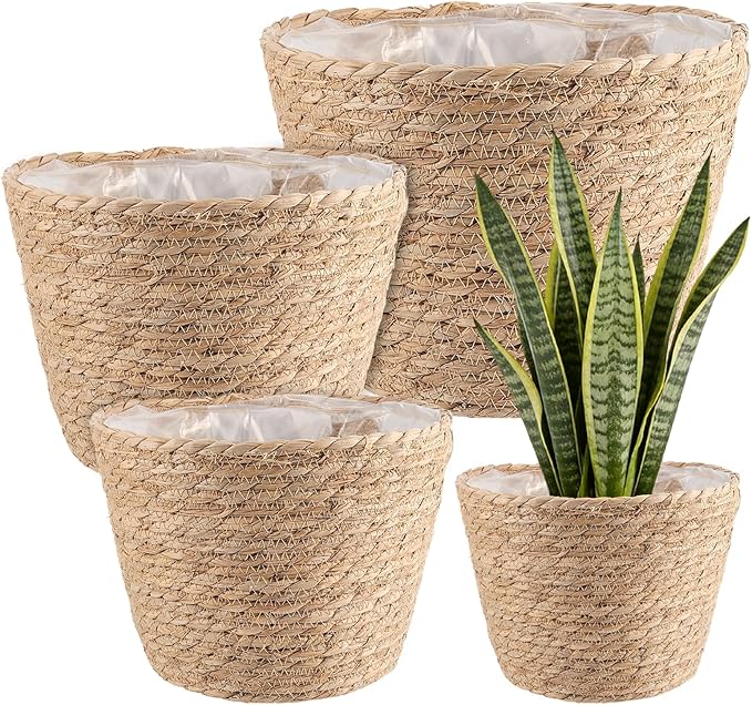 Set of 4 Seagrass Planter Basket, 6" 7" 9" 10" Hand Woven Plant Basket with Waterproof Plastic Liner, Round Natural Flower Pot for Indoor Outdoor Modern Home Decoration, Brown