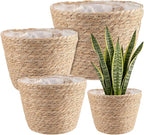 Set of 4 Seagrass Planter Basket, 6" 7" 9" 10" Hand Woven Plant Basket with Waterproof Plastic Liner, Round Natural Flower Pot for Indoor Outdoor Modern Home Decoration, Brown