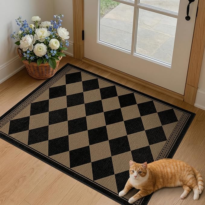 Checkered Easy Jute 2x3 Kitchen Porch Entryway Rug, Farmhouse Non Slip Front Door Mat Indoor Outdoor Decor, Diamond Washable Small Outdoor Rug, Brown Black Stain Resistant Boho Carpet for Bathroom