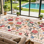 Area Rug for Living Room, 10x12 Large Washable Rugs for Dining Room, Bedroom, Non Slip Stain Resistant Carpet, Low Pile Vintage Floral Rug (Beige Red)