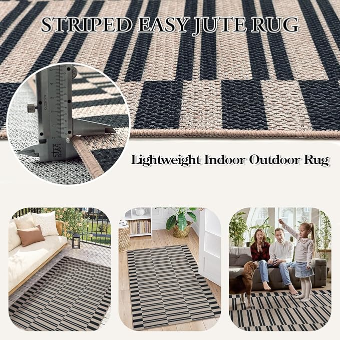 Lahome Elance Striped Easy Jute Rug, 3x5 Outdoor Patio Porch Rug Washable Rugs for Entryway, Indoor Outdoor Living Room Carpets, Farmhouse Neutral Non Slip Black Carpet for Backyard Bedroom RV