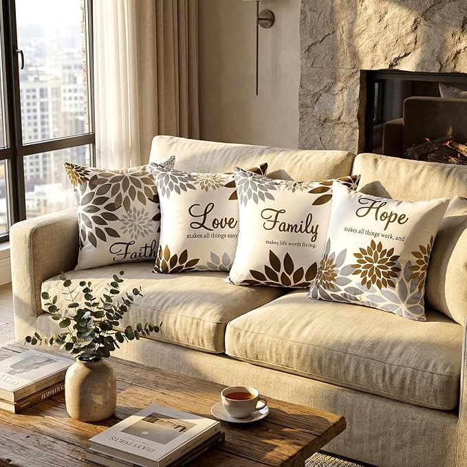 Tatuo 4 Pcs Flower Pillow Covers Square Spring Pillow Cushion Cases 18 x 18 Inch Family Faith Hope Love Words Decorative Summer Winter Cushion Case for Bed Couch Sofa Living Room(Dark Brown Series)