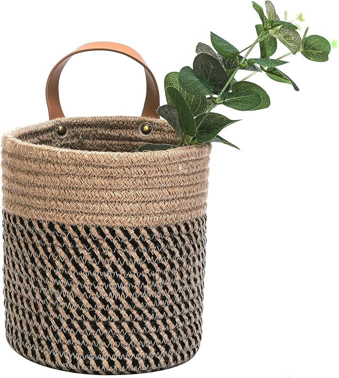 2pack Small Hanging Baskets-Cotton Rope Wall Basket with Handle, Hanging Storage Basket, Shelf Baskets Storage Bin Closet Organizer - 6.3" x 7", Woven Plant Basket (Jute-black)